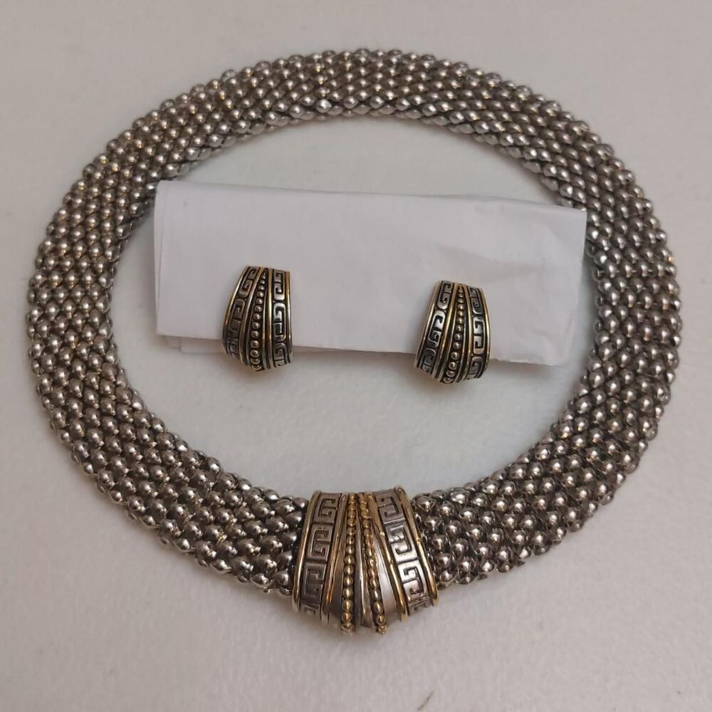 Vintage Demi Parure Set of Clip on Earrings and Chunky Mesh Choker Necklace